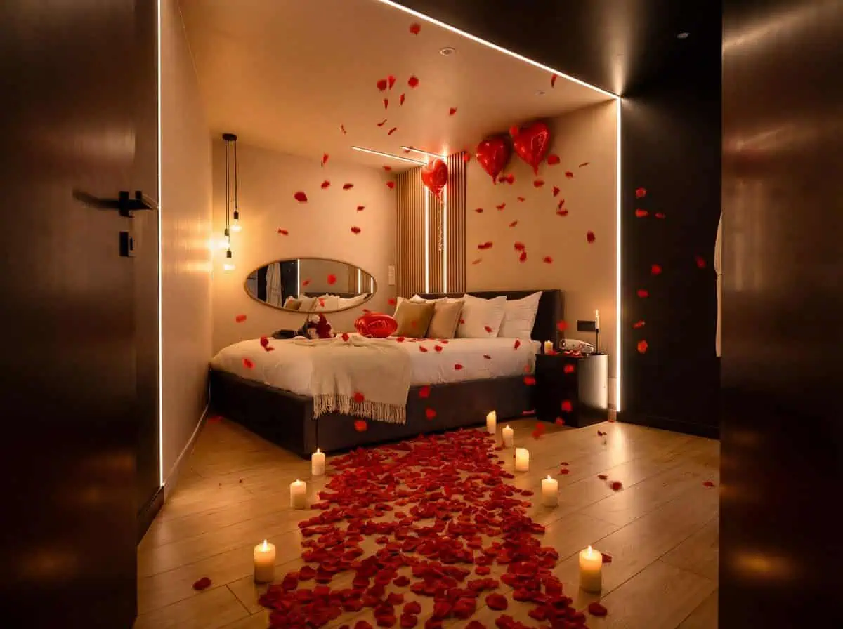 Love room at Bulle d'Amour in La Roche-sur-Yon: king size bed decorated with rose petals and candles